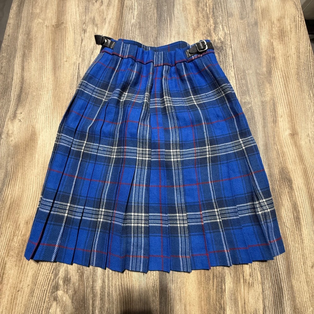 Vintage Highland Home Industries Kilt Skirt Blue Tartan Wool Preppy Age 7/8